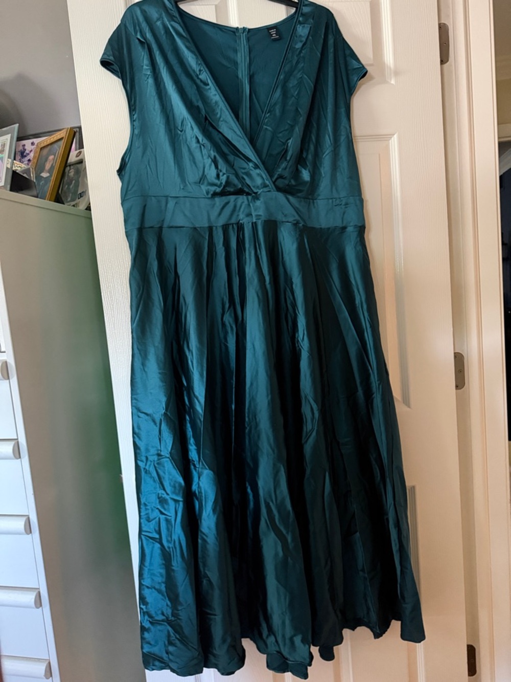 SHEIN Deep Teal Satin V-Neck Midi Dress